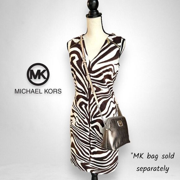 NWT Michael Kors Women’s Sleeveless Brown & Cream Zebra Print Zip Dress - Picture 16 of 17